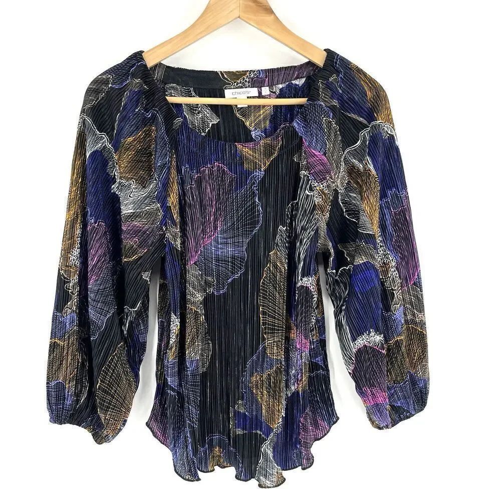 Chicos Top Size 0 Women Small Black 3/4 Drama Sleeve Shimmery Crinkle Tee Blouse